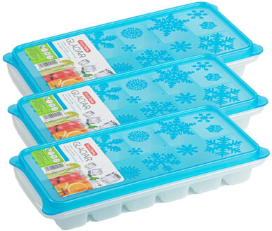 Forte Plastics 3x stuks Trays met ijsblokjes/ijsklontjes vormpjes 12 vakjes kunststof wit met blauwe deksel - IJsblokjesvormen Transparant