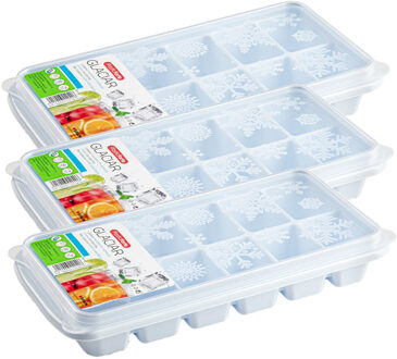 Forte Plastics 3x stuks Trays met ijsblokjes/ijsklontjes vormpjes 12 vakjes kunststof wit met deksel - IJsblokjesvormen