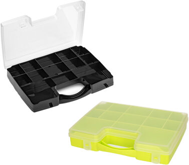 Forte Plastics 4x Opberg vakjes doos/Sorteerbox - 13-vaks kunststof - 27 x 20 x 3 cm - zwart/groen - Opbergbox