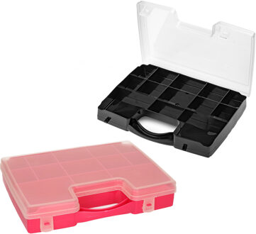 Forte Plastics 4x Opberg vakjes doos/Sorteerbox - 13-vaks kunststof - 27 x 20 x 3 cm - zwart/roze - Opbergbox