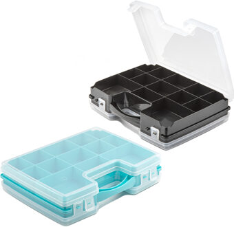 Forte Plastics 4x Opberg vakjes doos/Sorteerbox - 21-vaks kunststof - 28 x 21 x 6 cm - zwart/blauw - Opbergbox Multikleur