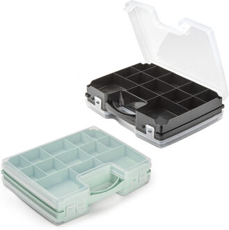 Forte Plastics 4x Opberg vakjes doos/Sorteerbox - 21-vaks kunststof - 28 x 21 x 6 cm - zwart/groen - Opbergbox