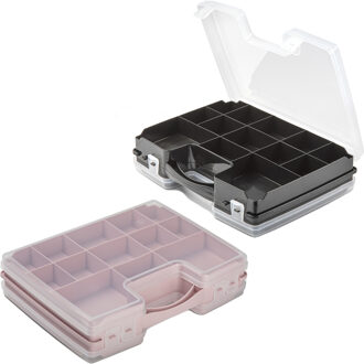 Forte Plastics 4x Opberg vakjes doos/Sorteerbox - 21-vaks kunststof - 28 x 21 x 6 cm - zwart/roze - Opbergbox Multikleur