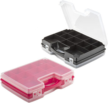 Forte Plastics 4x Opberg vakjes doos/Sorteerbox - 21-vaks kunststof - 28 x 21 x 6 cm - zwart/roze - Opbergbox Multikleur