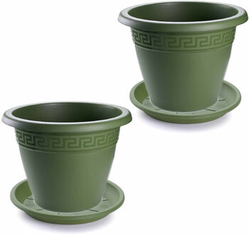 Forte Plastics 4x stuks bloempotten met onder opvangschaal in kleur donkergroen - rond diameter 25 cm - Plantenpotten/bakken