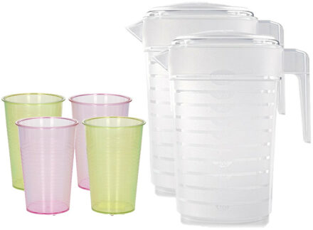 Forte Plastics 4x stuks water/limonade schenkkannen 2 liter met 36x kunststof glazen voordeelset - Schenkkannen Transparant