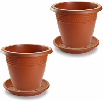 Forte Plastics 5x stuks bloempotten met onder opvangschaal in terra cotta kleur - rond diameter 35 cm - Plantenpotten/bakken