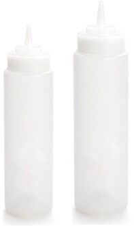 Forte Plastics Doseerfles/sausfles - set 2x - 500/700 ml - met schenktuit - transparant - 18 en 23 cm - Maatbekers