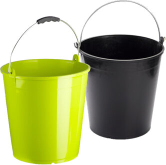 Forte Plastics Groene en zwarte schoonmaakemmers/huishoudemmers set 15 liter en 32 x 31 cm - Emmers