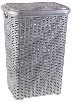 Forte Plastics Grote rotan wasmand met deksel van 60 liter in het zilver grijs - Wasmanden Zilverkleurig