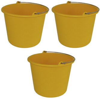 Forte Plastics Huishoud emmer - 3x - geel - kunststof - met hengsel - 12 liter - Schoonmaak emmer
