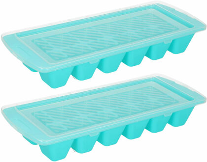 Forte Plastics IJsblokjes/ijsklontjes bakje - 2x - blauw - afsluitdeksel - kunststof - 28 x 11 cm - IJsblokjesvormen