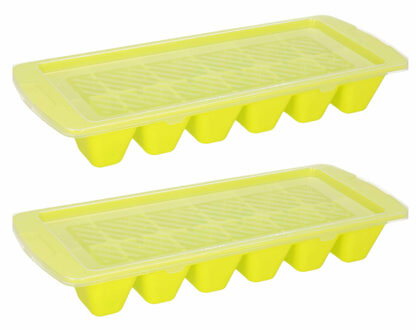 Forte Plastics IJsblokjes/ijsklontjes bakje - 2x - lime groen - afsluitdeksel - kunststof - 28 x 11 cm - IJsblokjesvormen