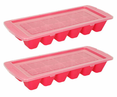 Forte Plastics IJsblokjes/ijsklontjes bakje - 2x - roze - afsluitdeksel - kunststof - 28 x 11 cm - IJsblokjesvormen