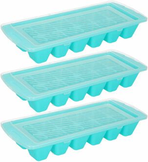 Forte Plastics IJsblokjes/ijsklontjes bakje - 3x - blauw - afsluitdeksel - kunststof - 28 x 11 cm - IJsblokjesvormen