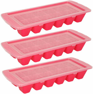 Forte Plastics IJsblokjes/ijsklontjes bakje - 3x - roze - afsluitdeksel - kunststof - 28 x 11 cm - IJsblokjesvormen