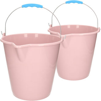 Forte Plastics Kunststof emmers set van 9 en 12 liter inhoud met schenktuit oud roze - Emmers
