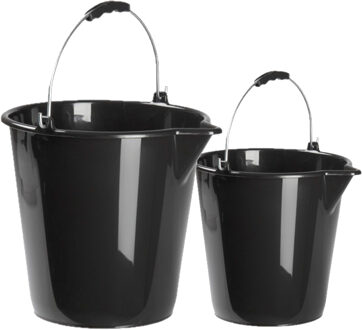 Forte Plastics Kunststof emmers set van 9 en 12 liter inhoud met schenktuit zwart - Emmers
