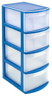 Forte Plastics Ladeblok/bureau organizer met 4x lades - blauw/transparant - L39 x B28.5 x H78 cm - kunststof - Ladeblok