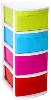 Forte Plastics Ladeblok/bureau organizer met 4x lades - wit/gekleurd - L39 x B28.5 x H78 cm - kunststof - Ladeblok