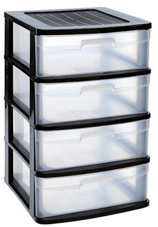 Forte Plastics Ladeblok/bureau organizer met 4x lades zwart/transparant L40 x B39 x H65 cm - Ladeblok