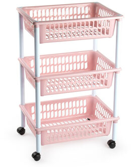 Forte Plastics Opberg organiser trolleys/roltafels met 3 manden 62 cm in het oud roze - Opberg trolley