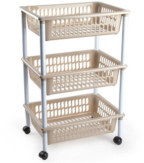 Forte Plastics Opberg organiser trolleys/roltafels met 3 manden 62 cm in het taupe - Opberg trolley Bruin