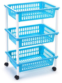 Forte Plastics Opberg trolley/roltafel/organizer met 3 manden 40 x 30 x 61,5 cm wit/lichtblauw - Opberg trolley