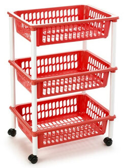 Forte Plastics Opberg trolley/roltafel/organizer met 3 manden 40 x 30 x 61,5 cm wit/rood - Opberg trolley