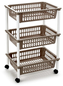 Forte Plastics Opberg trolley/roltafel/organizer met 3 manden 40 x 30 x 61,5 cm wit/taupe - Opberg trolley