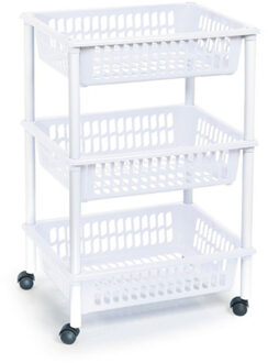 Forte Plastics Opberg trolley/roltafel/organizer met 3 manden 40 x 30 x 61,5 cm wit/wit - Opberg trolley