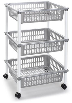 Forte Plastics Opberg trolley/roltafel/organizer met 3 manden 40 x 30 x 61,5 cm zilver/wit - Opberg trolley Zilverkleurig