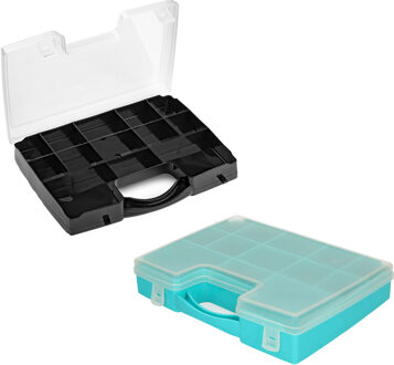 Forte Plastics Opberg vakjes doos/Sorteerbox - 13-vaks kunststof - 27 x 20 x 3 cm - zwart/blauw