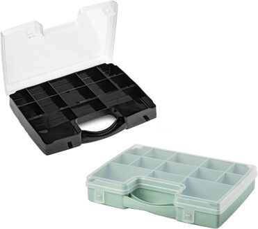 Forte Plastics Opberg vakjes doos/Sorteerbox - 13-vaks kunststof - 27 x 20 x 3 cm - zwart en groen