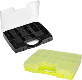 Forte Plastics Opberg vakjes doos/Sorteerbox - 13-vaks kunststof - 27 x 20 x 3 cm - zwart/groen - Opbergbox