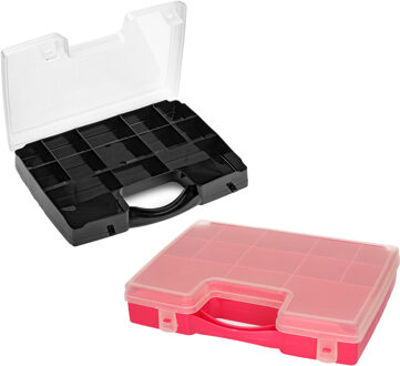 Forte Plastics Opberg vakjes doos/Sorteerbox - 13-vaks kunststof - 27 x 20 x 3 cm - zwart/roze