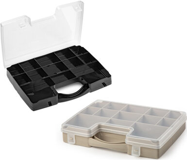 Forte Plastics Opberg vakjes doos/Sorteerbox - 13-vaks kunststof - 27 x 20 x 3 cm - zwart/taupe