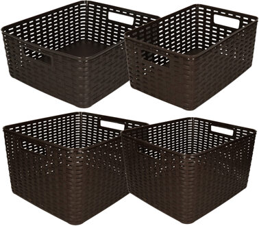 Forte Plastics Opbergboxen / opbergmandjes set - 4x stuks - rotan kunststof - bruin - met inhoud 10/12/18/28 liter