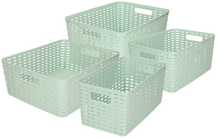 Forte Plastics Opbergboxen / opbergmandjes set - 4x stuks - rotan kunststof - mintgroen - inhoud 5/10/12/18 liter
