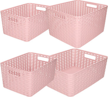 Forte Plastics Opbergboxen / opbergmandjes set - 4x stuks - rotan kunststof - roze - met inhoud 10/12/18/28 liter