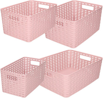 Forte Plastics Opbergboxen / opbergmandjes set - 4x stuks - rotan kunststof - roze - met inhoud 5/10/12/18 liter