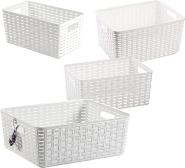 Forte Plastics Opbergboxen / opbergmandjes set - 4x stuks - rotan kunststof - wit - met inhoud 5/10/12/18 liter