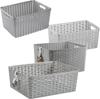 Forte Plastics Opbergboxen / opbergmandjes set - 4x stuks - rotan kunststof - zilver - met inhoud 10/12/18/28 liter