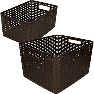 Forte Plastics Opbergboxen / opbergmandjes set - 5x stuks - rotan kunststof - bruin - met inhoud 10 en 18 liter