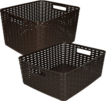 Forte Plastics Opbergboxen / opbergmandjes set - 5x stuks - rotan kunststof - bruin - met inhoud 12 en 18 liter