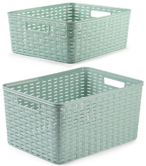 Forte Plastics Opbergboxen / opbergmandjes set - 5x stuks - rotan kunststof - groen - met inhoud 12 en 18 liter