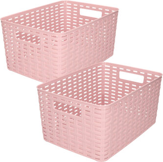 Forte Plastics Opbergboxen / opbergmandjes set - 5x stuks - rotan kunststof - roze - met inhoud 10 en 18 liter