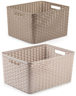 Forte Plastics Opbergboxen / opbergmandjes set - 5x stuks - rotan kunststof - taupe - met inhoud 18 en 28 liter