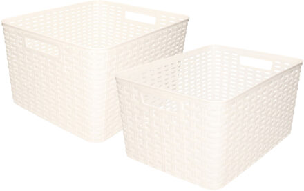 Forte Plastics Opbergboxen / opbergmandjes set - 5x stuks - rotan kunststof - wit - met inhoud 18 en 28 liter