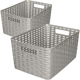 Forte Plastics Opbergboxen / opbergmandjes set - 5x stuks - rotan kunststof - zilver - met inhoud 10 en 18 liter